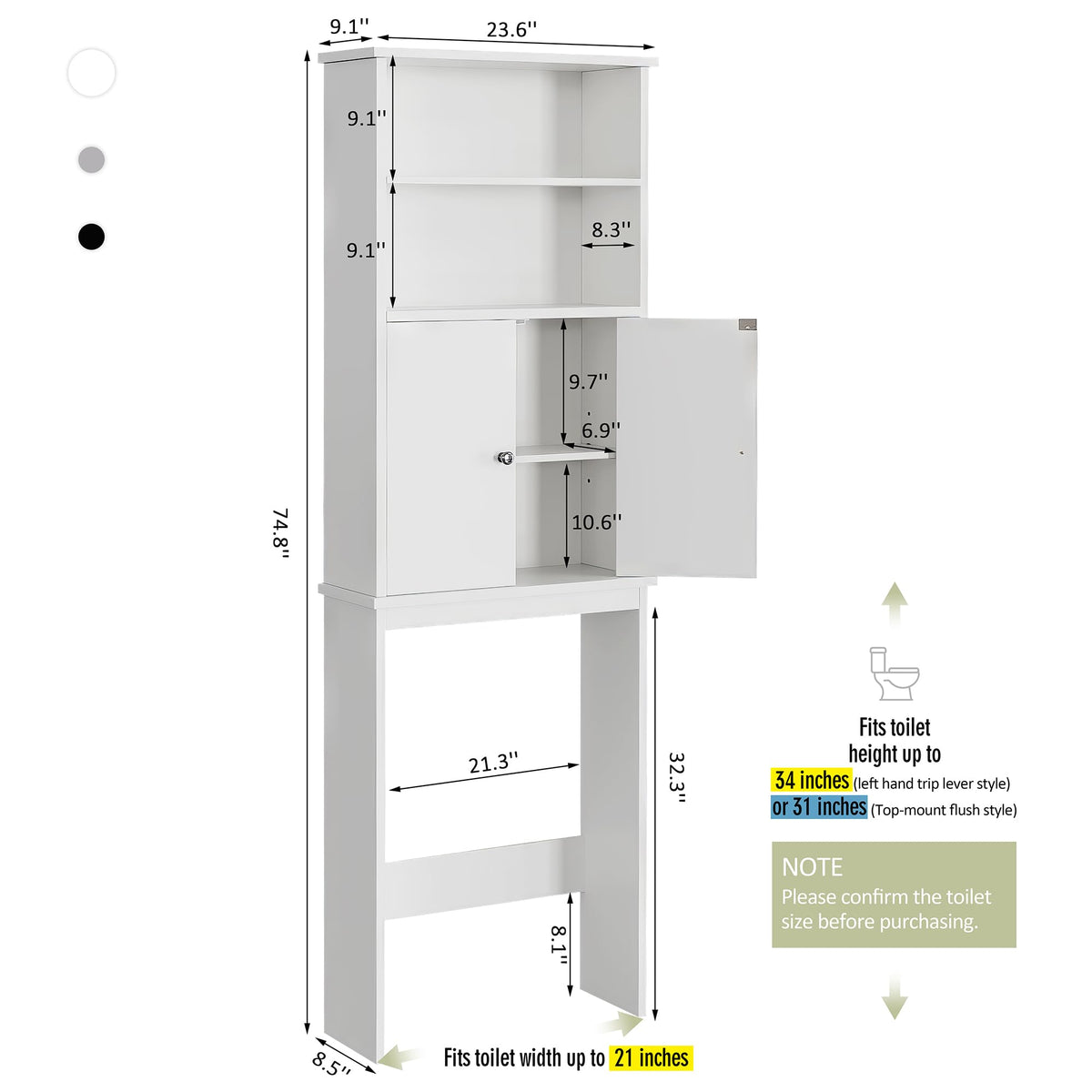 White Over the Toilet Storage Cabinet with Adjustable Shelf W1284