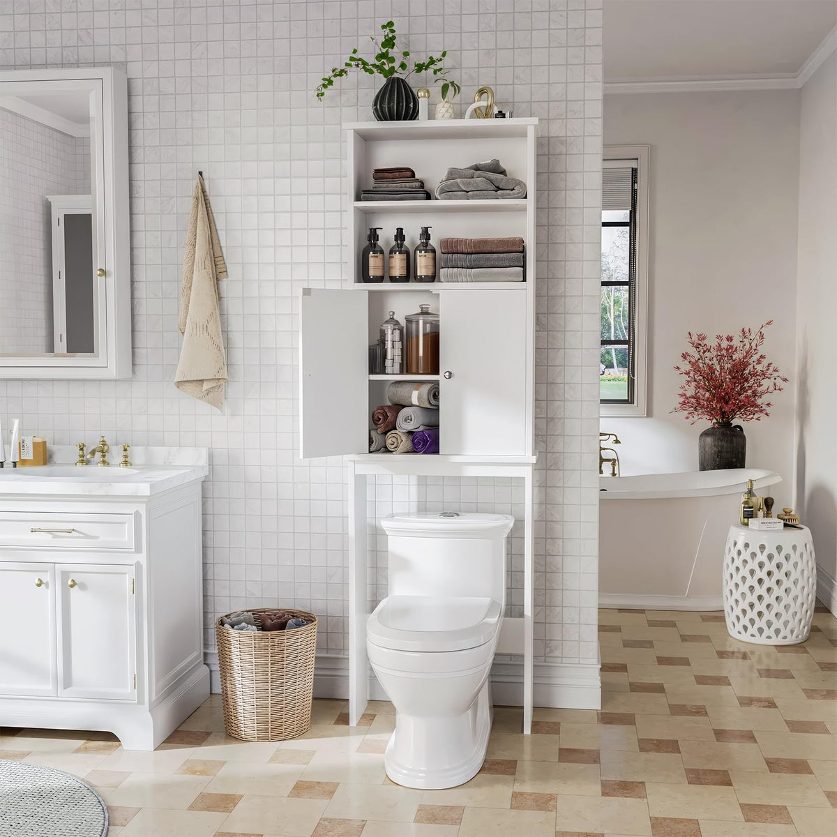 White Over the Toilet Storage Cabinet with Adjustable Shelf W1284
