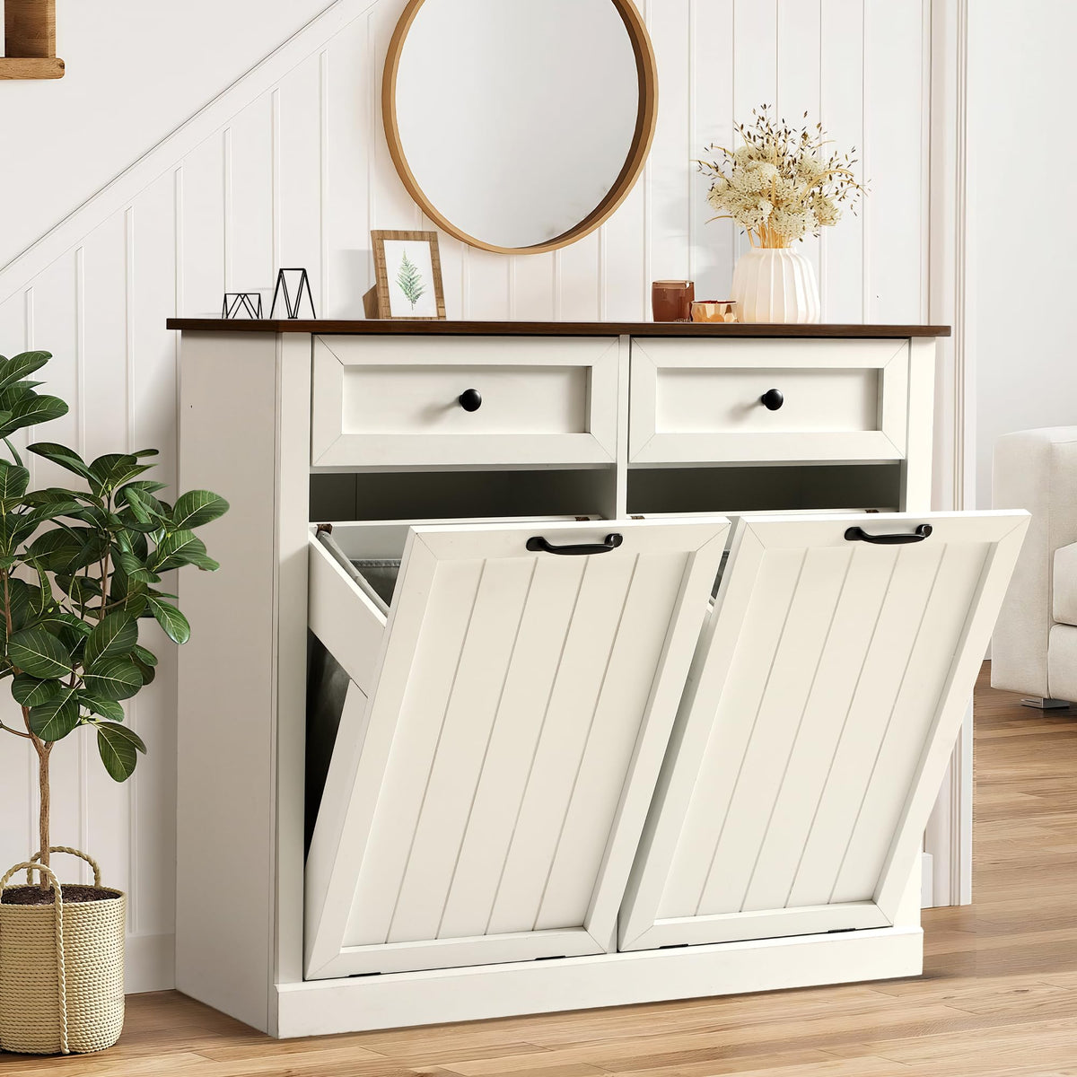 White 22 Gallon Wooden Laundry Hamper Cabinet with 2 Drawers H246