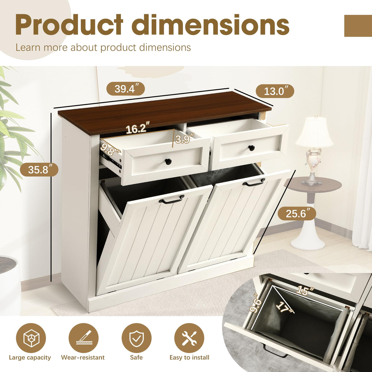 White 22 Gallon Wooden Laundry Hamper Cabinet with 2 Drawers H246