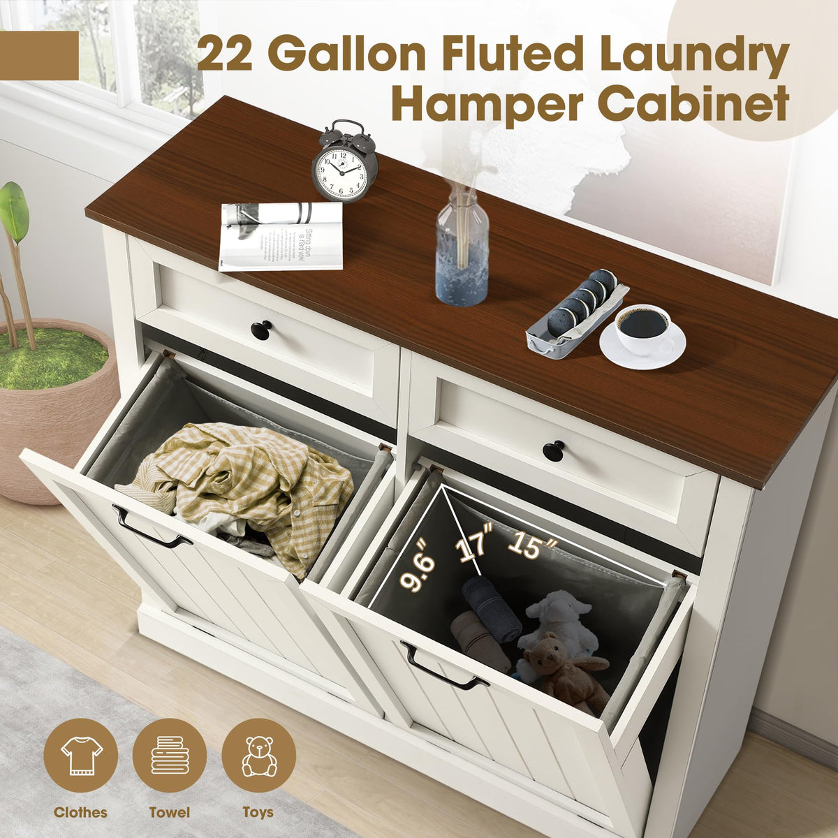 White 22 Gallon Wooden Laundry Hamper Cabinet with 2 Drawers H246