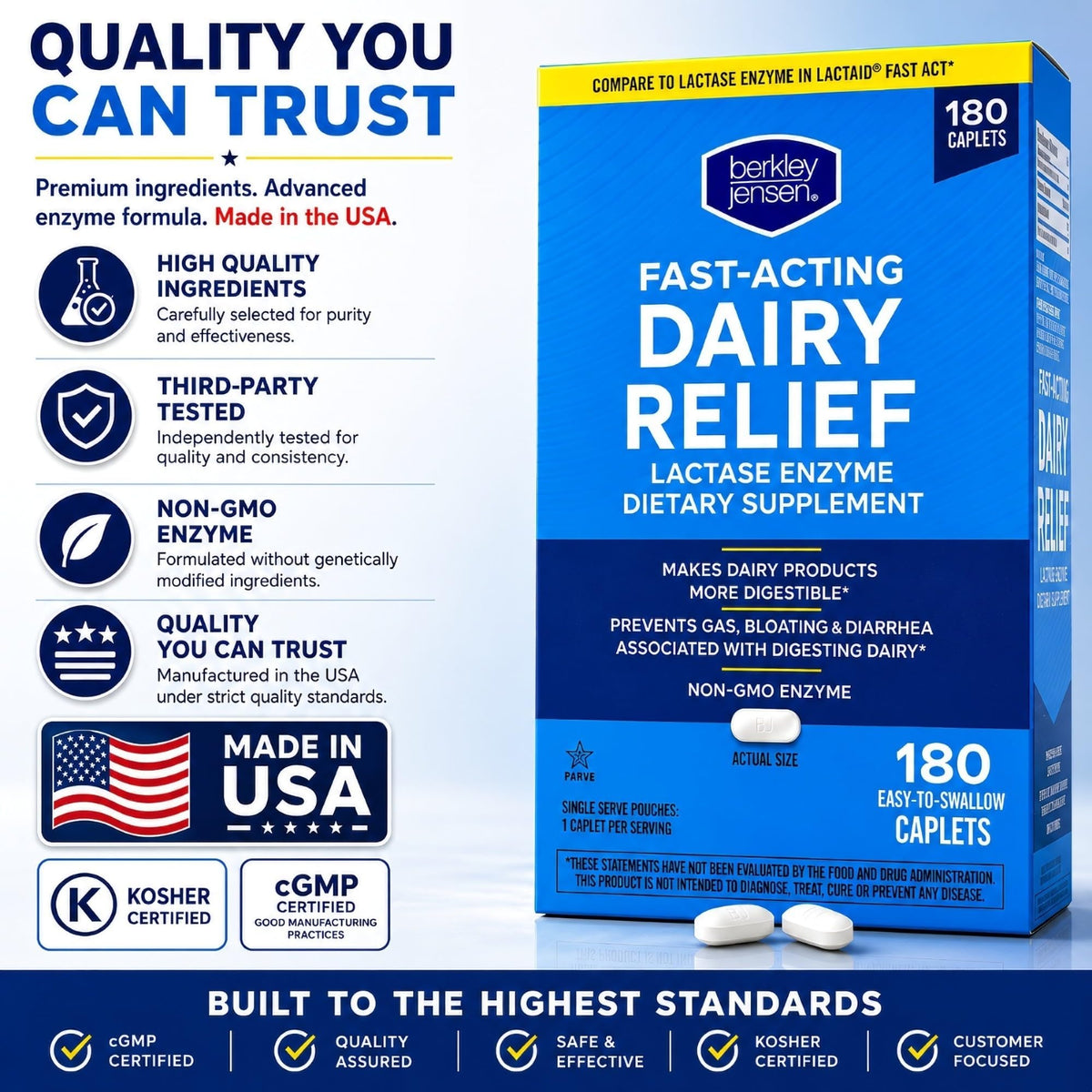 Maximum Strength Fast Acting Lactase Enzyme 9000 FCC Digestive Supplement, 180 Tablets O860890