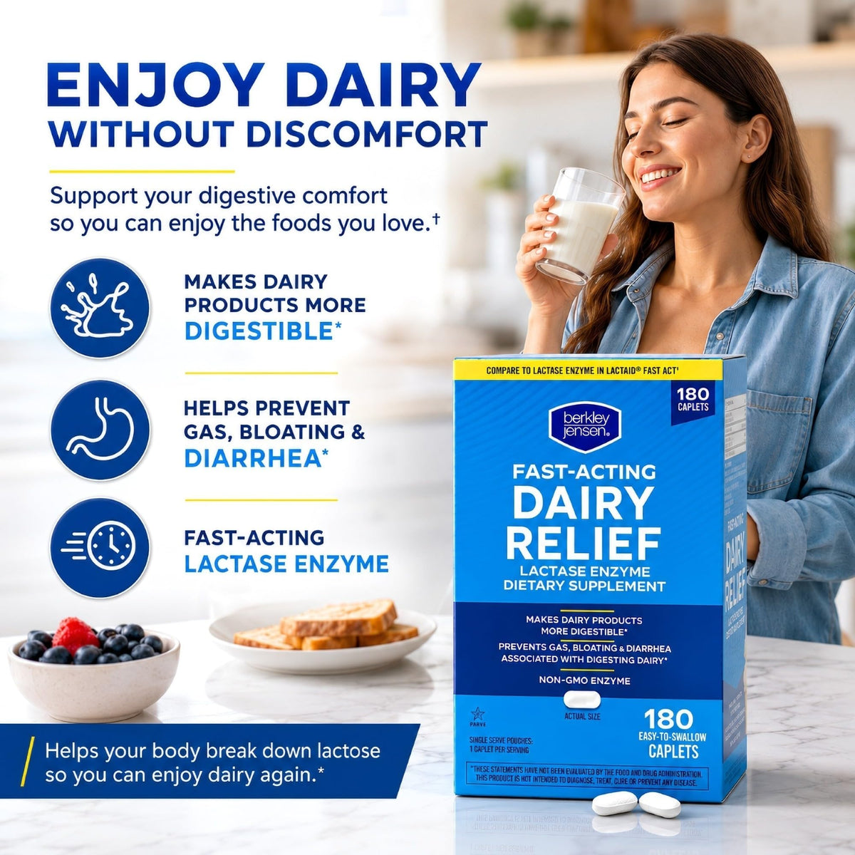 Maximum Strength Fast Acting Lactase Enzyme 9000 FCC Digestive Supplement, 180 Tablets O860890